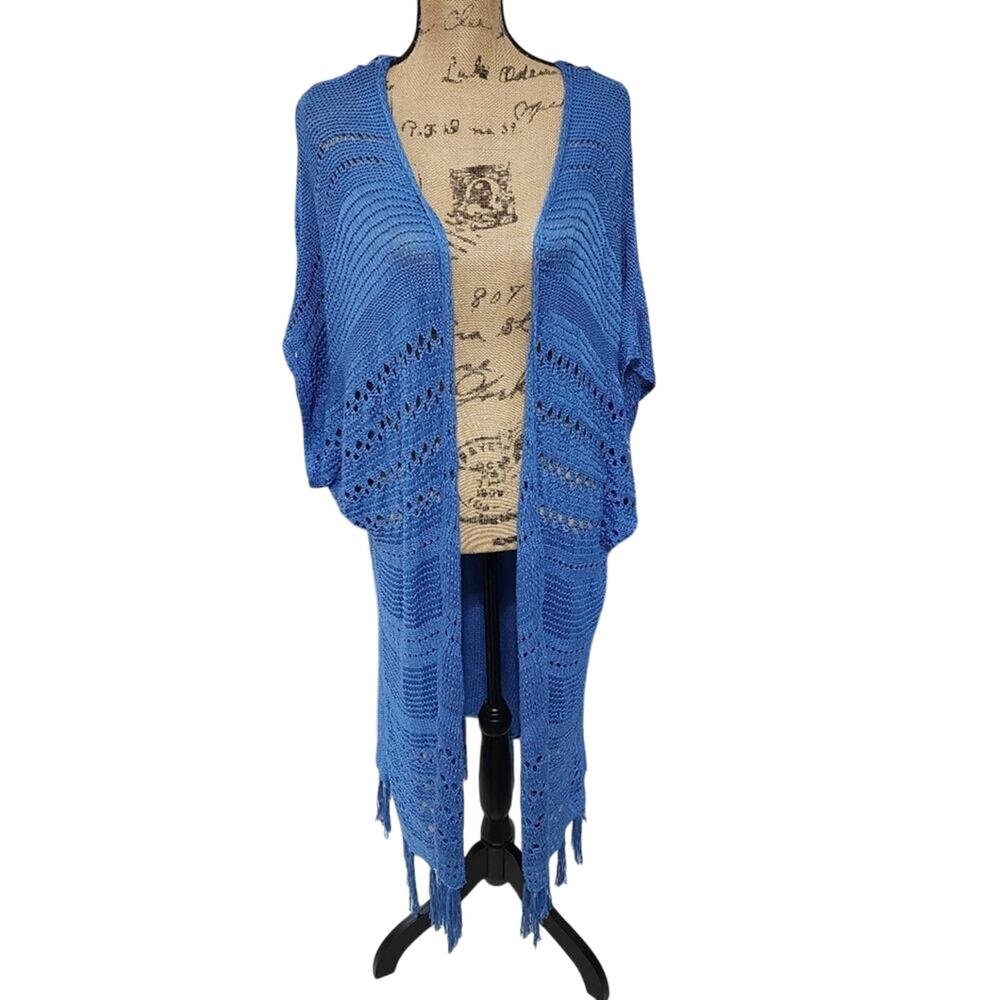 Love blue open weave crocheted lace trimmed Fringe cardigan sweater size 1X‎